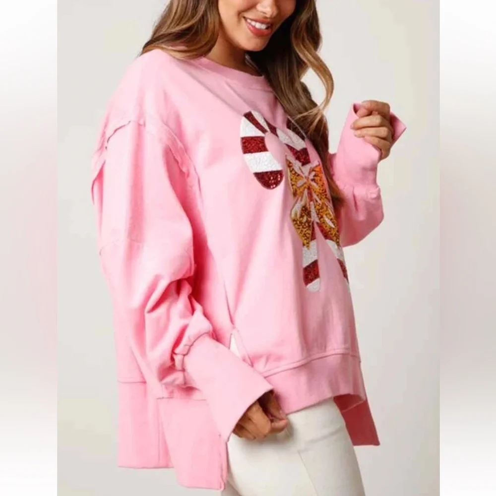 Fantastic Fawn Pink Candy Cane Sequin Sweatshirt. M NWOT - Picture 4 of 8